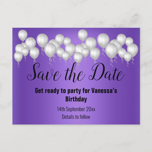Save the Date Purple Balloons Sparkle Occassion Announcement Postcard (Front)