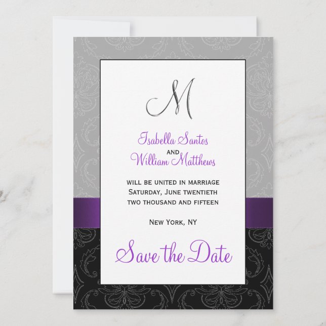 Save The Date Purple Black Damask Argent initial Enregistrer la  (Dos)