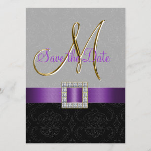 Save The Date Purple Black Damask Gold Initial Enregistrer la da