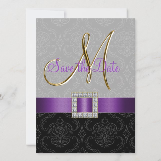 Save The Date Purple Black Damask Gold initial Enregistrer la da (Devant)