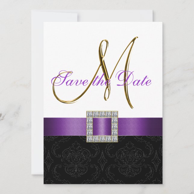 Save The Date Purple Black White Damask Enregistrer la date (Devant)