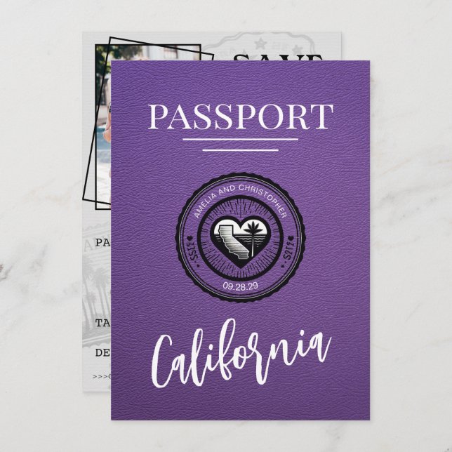 Save The Date Purple California Passport Enregistrer La Date (Devant / Derrière)