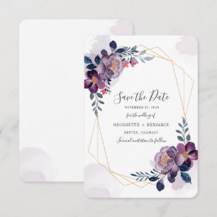 Save The Date Purple Floral Bloom Script Géométrique Enregistrer
