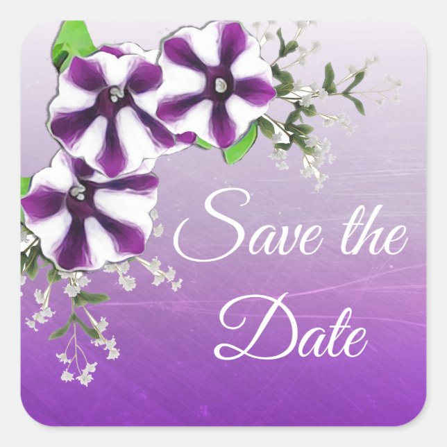 Save the Date Purple Floral Petunia Square Sticker (Front)