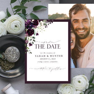 Save The Date Purple Floral Script photo mariage Enregistrer la
