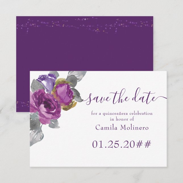 Save The Date Purple Floral Script Quinceanera Enregistrer La Da (Devant / Derrière)