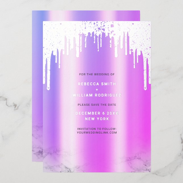 Save The Date Purple Glitter Drips Silver Foil Holiday Card (Front/Back)