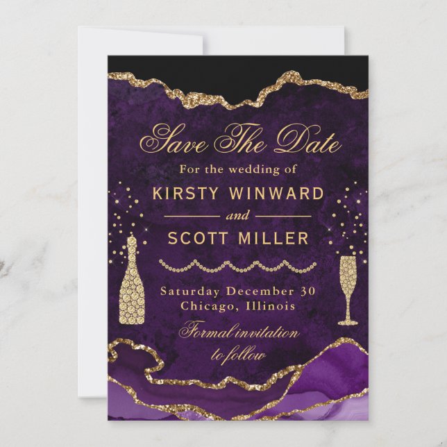 Save The Date Purple & Gold Faux Parties scintillant Marbre Agat (Devant)