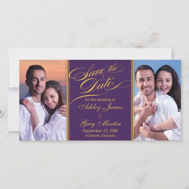 Save The Date Purple Gold Photo Collage Mariage Enregistrer la d (Devant)