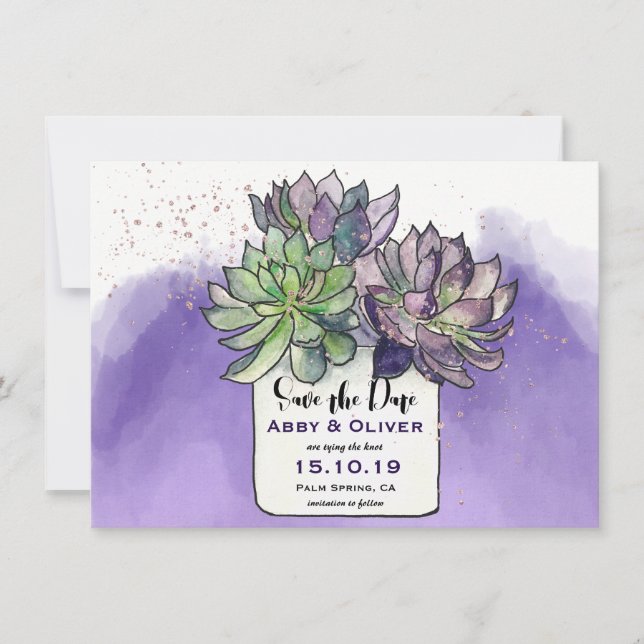 Save The Date Purple Green Cactus Photo Succulente Enregistrer L (Devant)