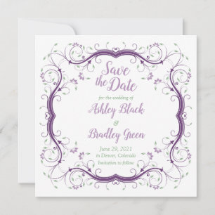Save The Date Purple Green Floral Scroll Wedding Enregistrer la 