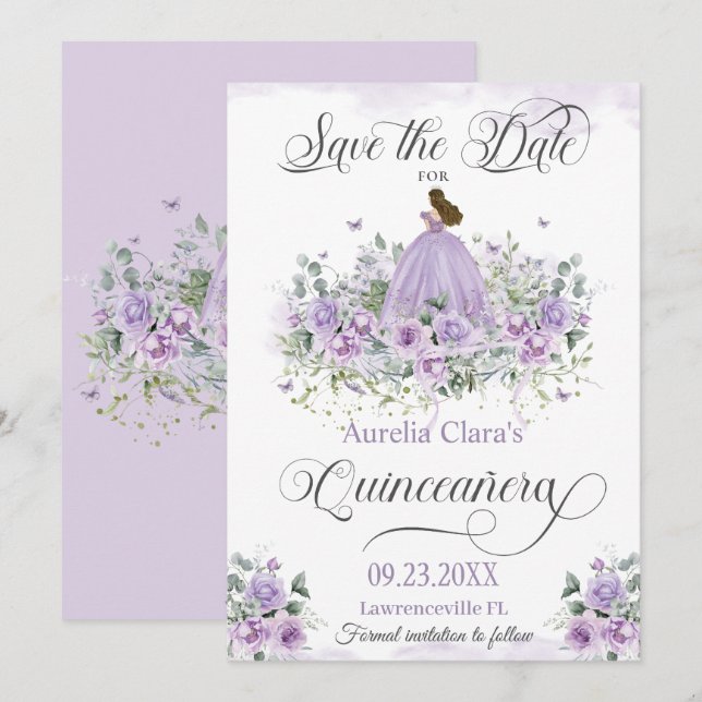 Save The Date Purple Lilac Floral Quinceañera 15ème Anniversaire (Devant / Derrière)