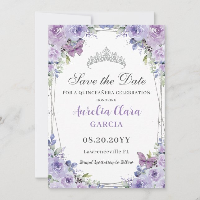 Save The Date Purple Lilac Floral Quinceañera Doux 16 Argent (Devant)