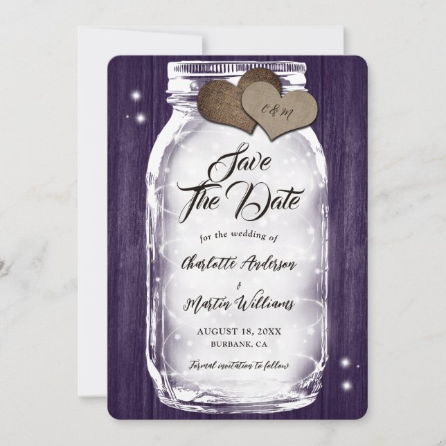 Save The Date Purple Mason Jar String éclat Rustique Mariage en  (Devant)