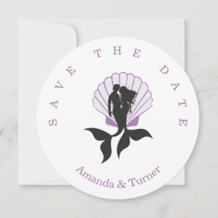 Save The Date Purple Mermaids Couple on à Seashell Design