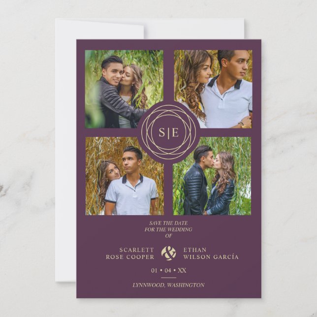 Save The Date Purple Minimal Initials Wedding Fancy 4 Photos (Devant)