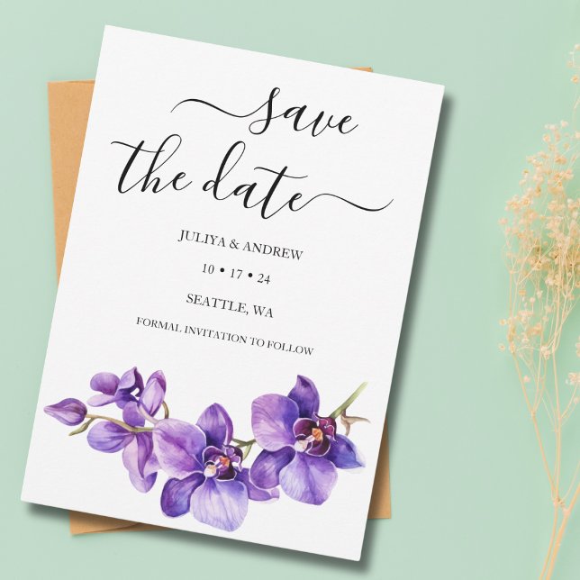 Save The Date Purple Orchidée blanc script unique mariage (Créateur téléchargé)