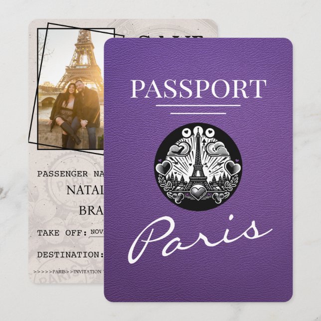 Save The Date Purple Paris Passport Enregistrer La Date (Devant / Derrière)