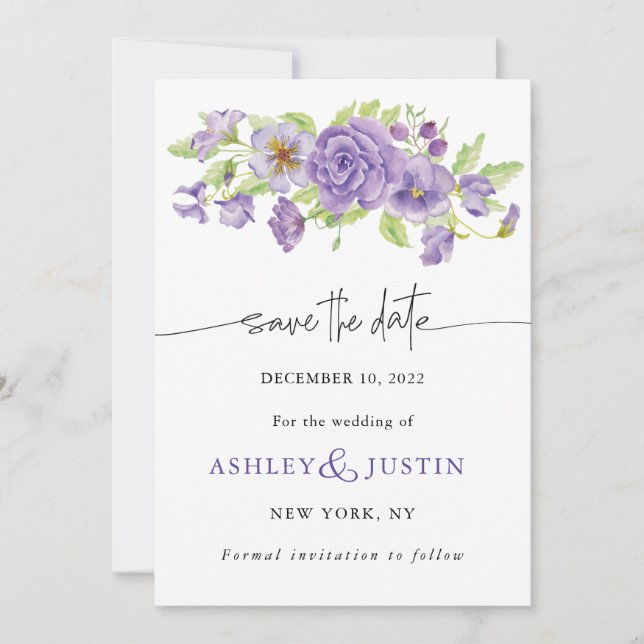 Save The Date Purple rêve stylisé floraux mariages (Devant)