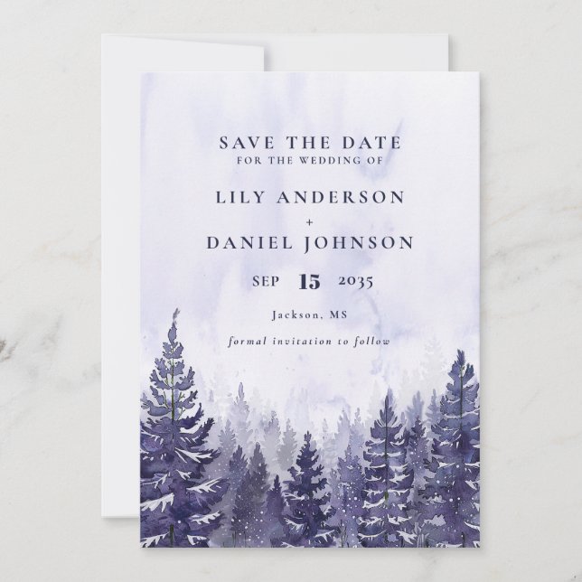 Save The Date Purple Russe Aquarelle Pine Tree Forest Mariage (Devant)