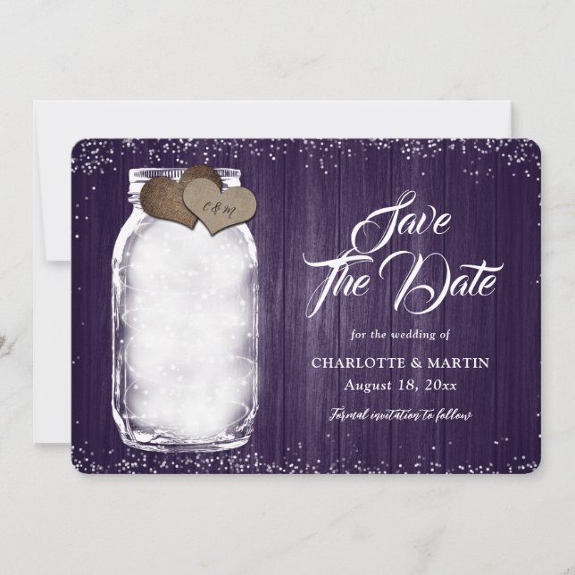 Save The Date Purple Russe Mason Jar String Lumières Mariage en  (Devant)