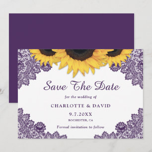 Save The Date Purple Rustique Chic Mariage dentelle de tournesol