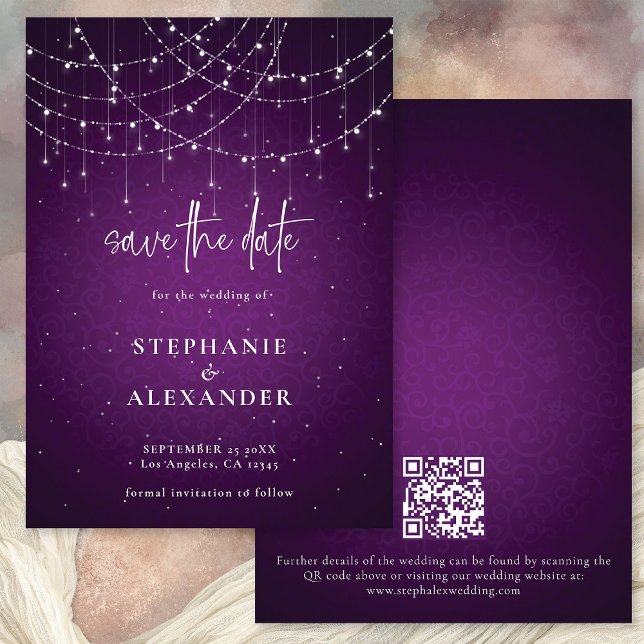 Save The Date Purple String Lights QR Code Enregistrer la date (Front and back view)
