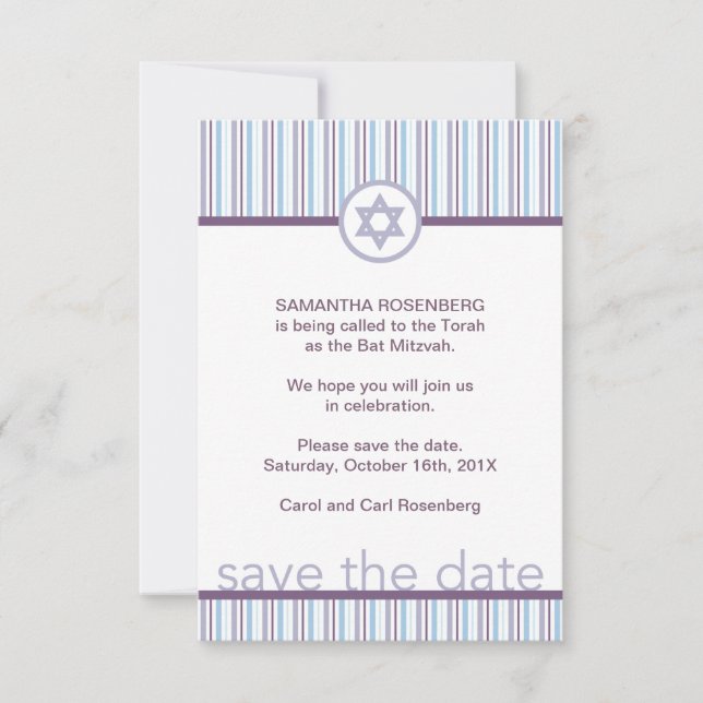 Save The Date Purple Stripes Bat mitzvah Enregistrer la date (Devant)