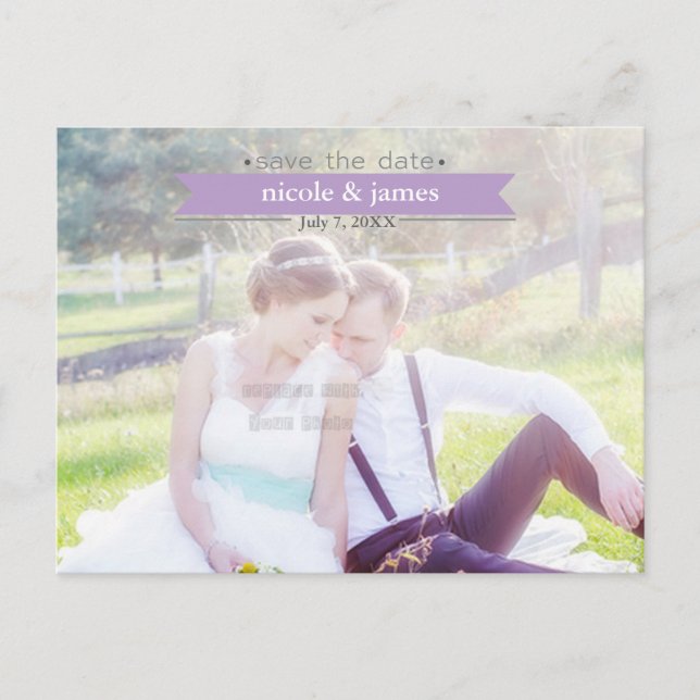 SAVE THE DATE Purple Typography Photo Postcard (Front)