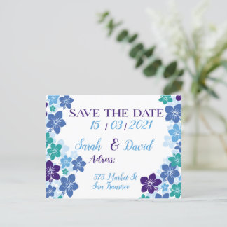 Save the date purpple blue design for wedding announcement postcard