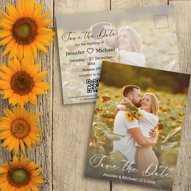 save the date qr code 2 photos modern handwriting  announcement postcard (Creator Uploaded)