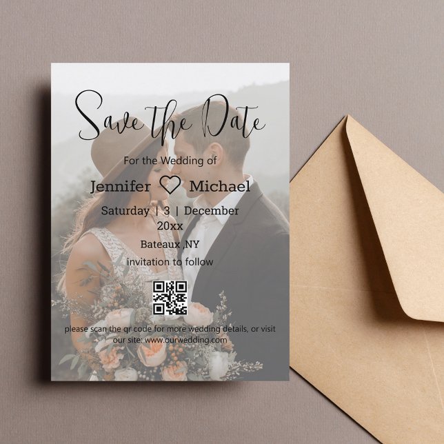  save the date qr code couple faded photo wedding  announcement postcard (Creator Uploaded)