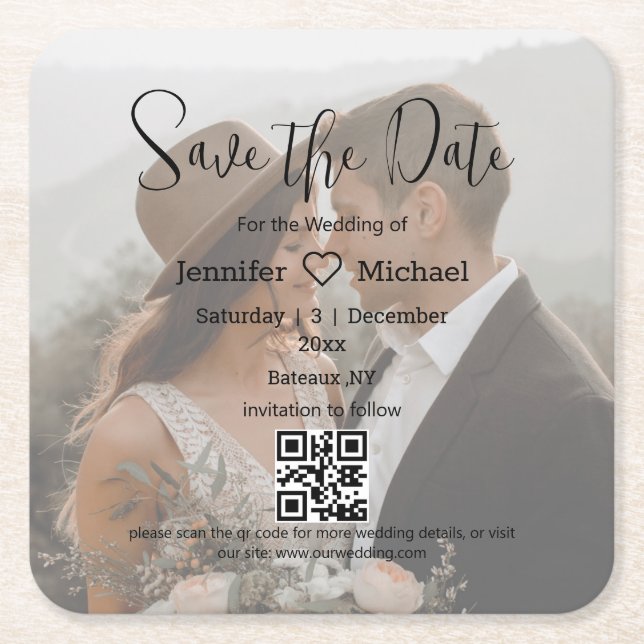  save the date qr code couple photo boho wedding  square paper coaster (Front)