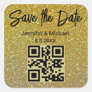 save the date,qr code gold glitters chic wedding  square sticker