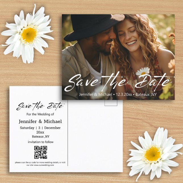 save the date qr code photo white handwriting  announcement postcard (Creator Uploaded)