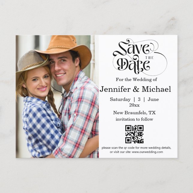  save the date qr code simple photo wedding  announcement postcard (Front)
