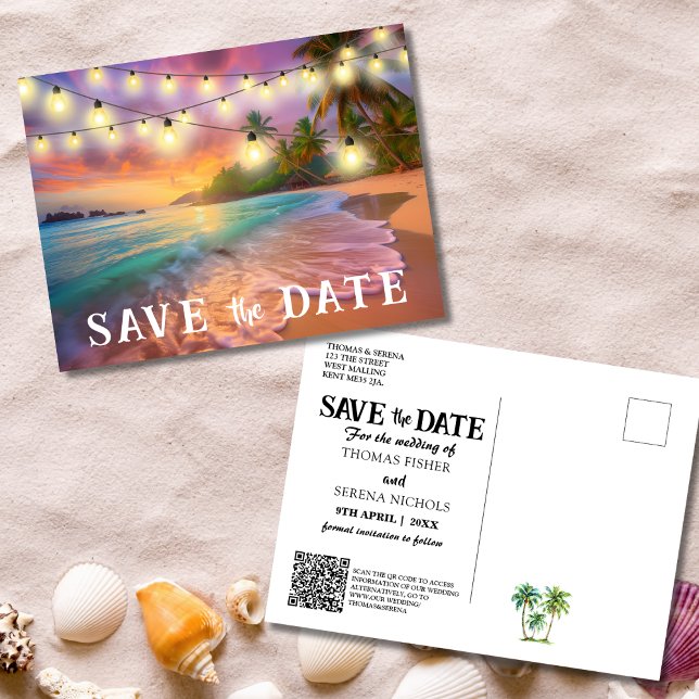 Save The Date QR Code Tropical Beach Announcement Postcard (Creator Uploaded)