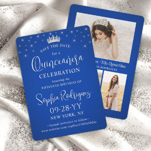 Save The Date Quinceañera 3 Collage de Photos Élégant Bleu Royal