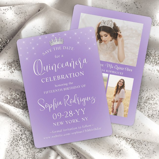 Save The Date Quinceañera 3 Photo Collage Elegant Lilac Purple (Créateur téléchargé)