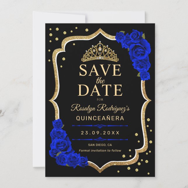 Save The Date Quinceanera Black Gold Royal Blue (Devant)