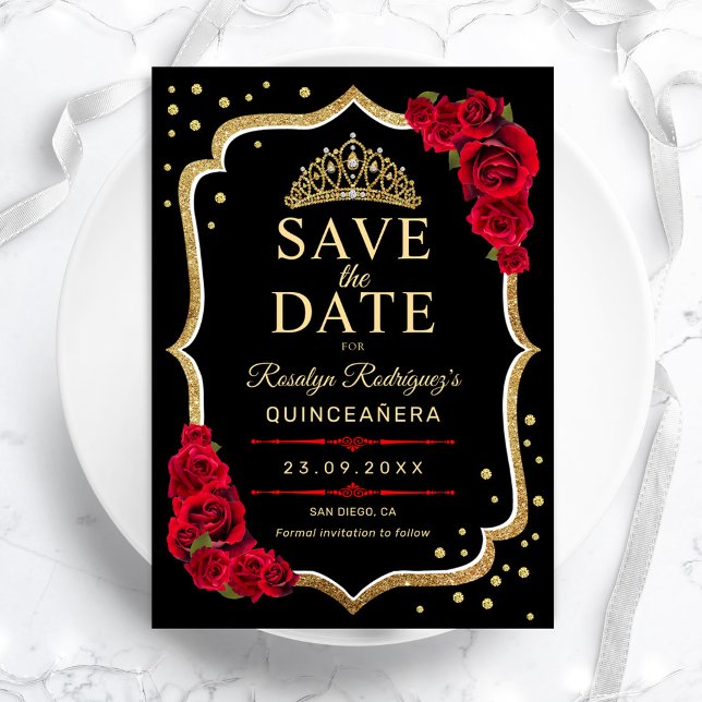 Save The Date Quinceanera Black Red Gold (Créateur téléchargé)