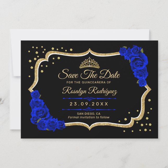 Save The Date Quinceanera Black Royal Blue Gold Floral (Devant)