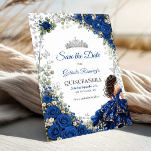 Save The Date Quinceañera bleu royal papillons argentés