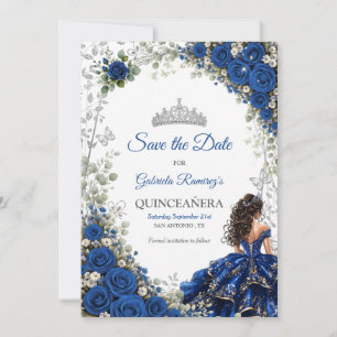 Save The Date Quinceañera bleu royal papillons argentés