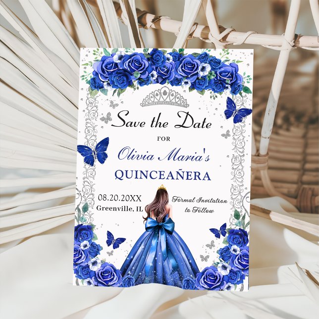 Save The Date Quinceañera Blue Floral Princess Butterflies Photo (Créateur téléchargé)