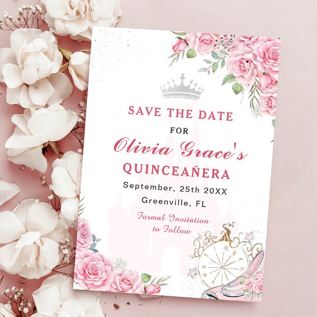 Save The Date Quinceanera Blush rose Floral Argent Couronne (Créateur téléchargé)