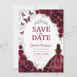 Save The Date Quinceanera Bourgogne Fleurs Argentées