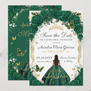 Save The Date Quinceañera Emerald Green Floral Gold Princess