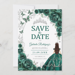 Save The Date Quinceanera Émeraude Vert Argent Floral