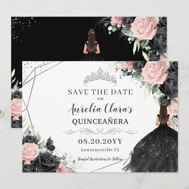 Save The Date Quinceanera en argent rose noir XV doux 16 (Devant / Derrière)